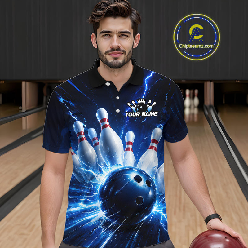 Man wearing a black and blue bowling polo shirt featuring lightning effects, a large blue bowling ball striking pins, and custom player name text.
