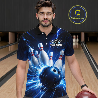 Man wearing a black and blue bowling polo shirt featuring lightning effects, a large blue bowling ball striking pins, and custom player name text.