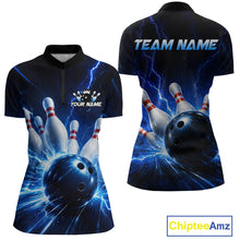 Load image into Gallery viewer, Front and back views of a black and blue bowling quarter zip shirt featuring lightning effects, a large blue bowling ball striking pins, and custom team and player name text.