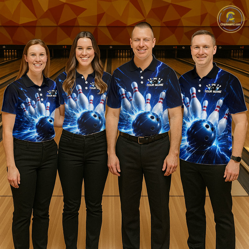 Four people wearing black and blue bowling polo shirt featuring lightning effects, a large blue bowling ball striking pins, and custom team name text.