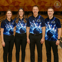 Load image into Gallery viewer, Four people wearing black and blue bowling polo shirt featuring lightning effects, a large blue bowling ball striking pins, and custom team name text.