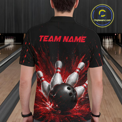 Man wearing a black bowling polo shirt with dramatic red splatter graphics, a large black bowling ball, and flying pins, plus custom team name text.