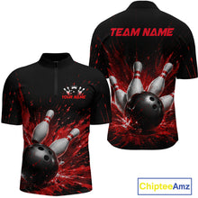 Load image into Gallery viewer, Front and back views of a black bowling quarter zip shirt with dramatic red splatter graphics, a large black bowling ball, and flying pins, plus custom team and player name text.