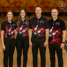 Load image into Gallery viewer, Four people wearing a black bowling quarter zip shirt with dramatic red splatter graphics, a large black bowling ball, and flying pins, plus custom player name text.
