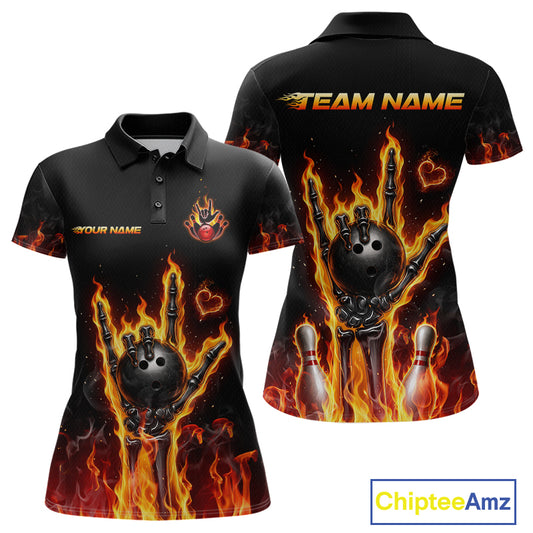 Black short-sleeve polo shirt with a bowling-themed flame graphic, shown in front and back views. The design features a skeleton bowling hand with bowling balls and pins surrounded by bright orange and yellow flames.
