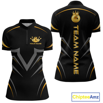 Custom Black Gold Crown Bowling Team Shirts Bowling Jersey for Women Bowling League HNT461