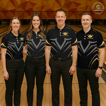 Four people standing in a bowling alley wearing matching black polo shirts with gray and gold geometric patterns and a gold crown logo. The background shows wooden bowling lanes and a geometric orange wall.