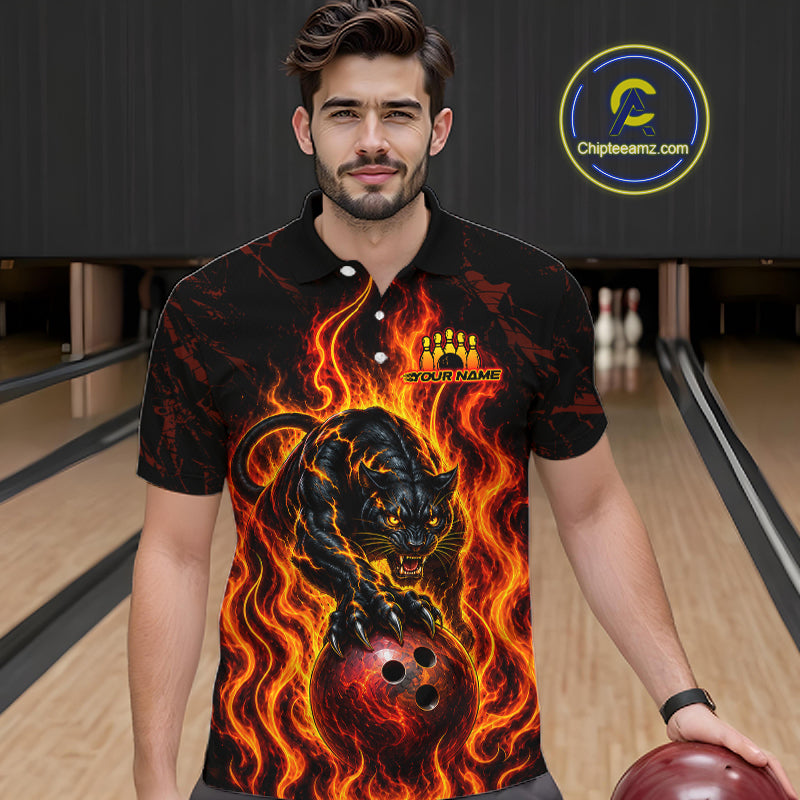 Custom Orange Flame Panther Bowling Team Shirts Bowling Jerseys for Men Polo & 1/4 Zip HNT559