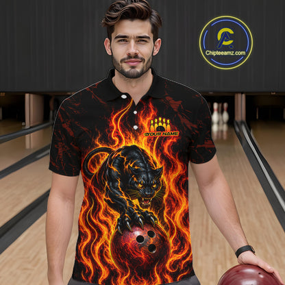 Custom Orange Flame Panther Bowling Team Shirts Bowling Jerseys for Men Polo & 1/4 Zip HNT559