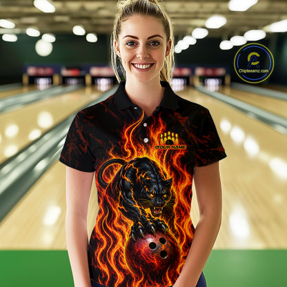 Custom Orange Flame Panther Bowling Team Shirts Bowling Jerseys for Women Polo & 1/4 Zip HNT559