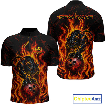 Custom Orange Flame Panther Bowling Team Shirts Bowling Jerseys for Men Polo & 1/4 Zip HNT559