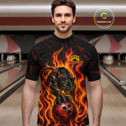Custom Orange Flame Panther Bowling Team Shirts Bowling Jerseys for Men Polo & 1/4 Zip HNT559