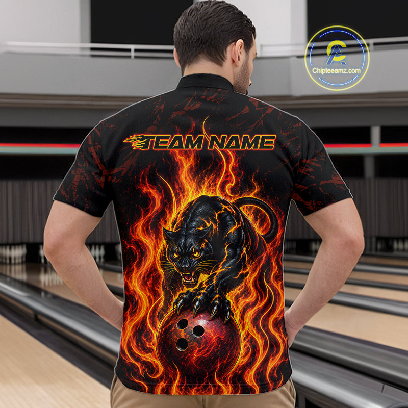 Custom Orange Flame Panther Bowling Team Shirts Bowling Jerseys for Men Polo & 1/4 Zip HNT559