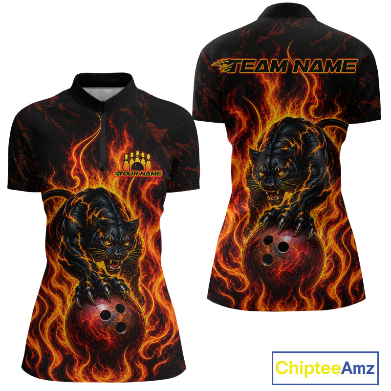 Custom Orange Flame Panther Bowling Team Shirts Bowling Jerseys for Women Polo & 1/4 Zip HNT559