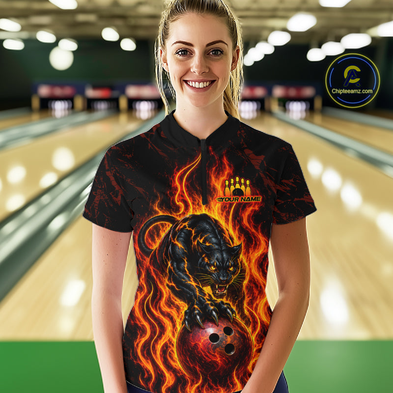 Custom Orange Flame Panther Bowling Team Shirts Bowling Jerseys for Women Polo & 1/4 Zip HNT559