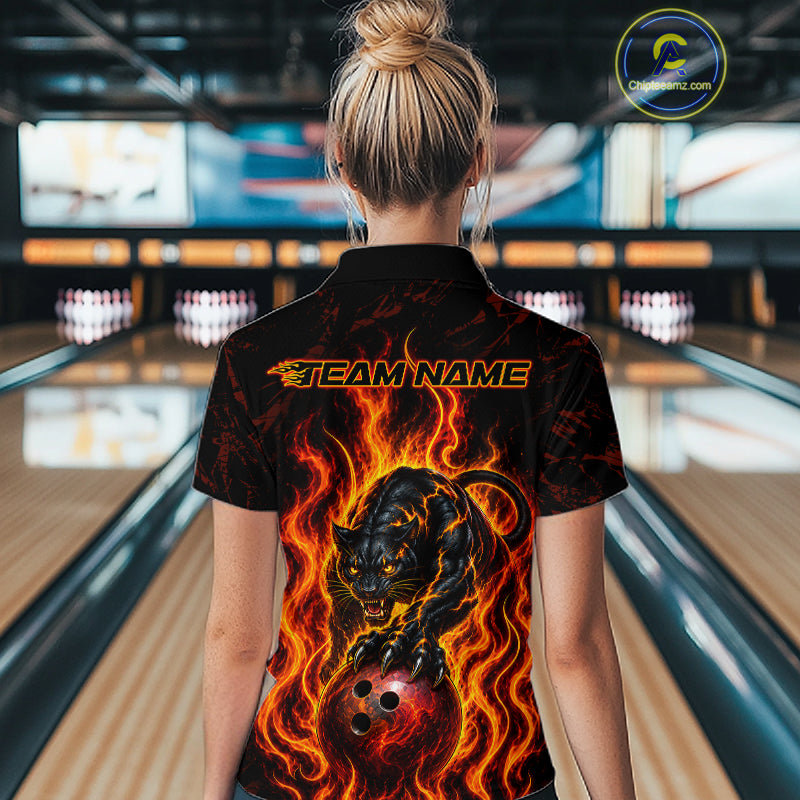 Custom Orange Flame Panther Bowling Team Shirts Bowling Jerseys for Women Polo & 1/4 Zip HNT559