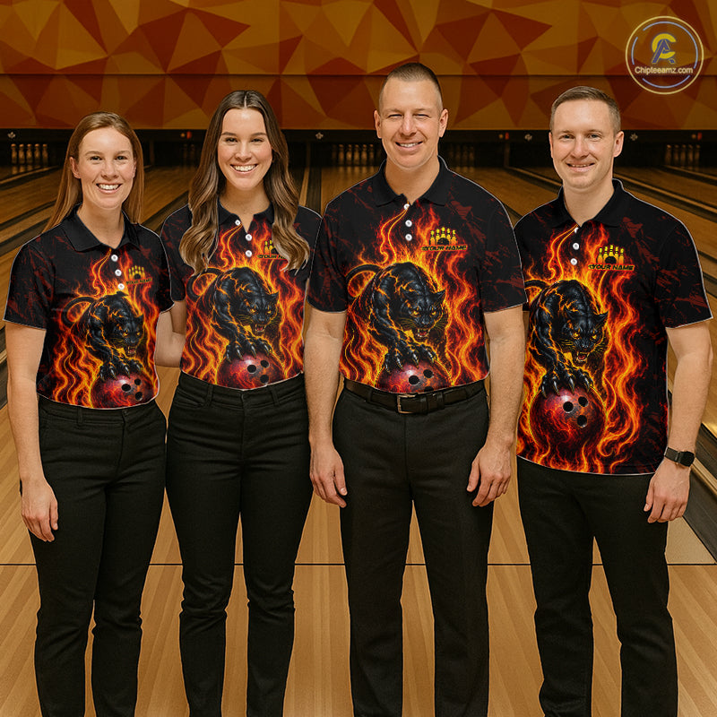 Custom Orange Flame Panther Bowling Team Shirts Bowling Jerseys for Men Polo & 1/4 Zip HNT559