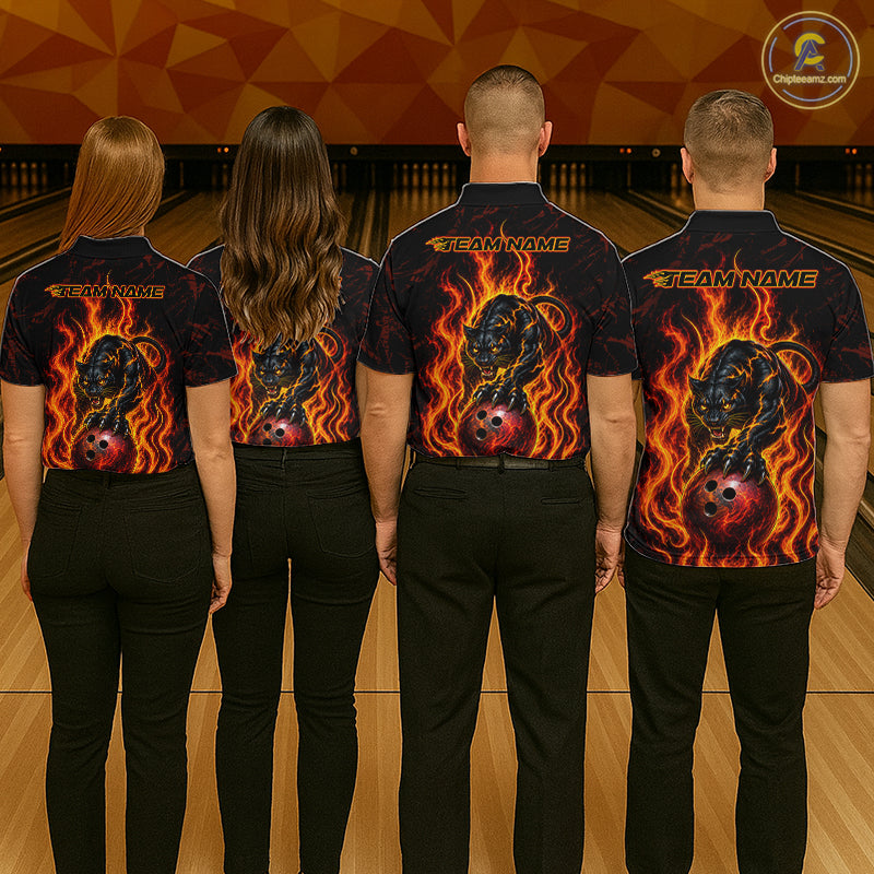 Custom Orange Flame Panther Bowling Team Shirts Bowling Jerseys for Men Polo & 1/4 Zip HNT559