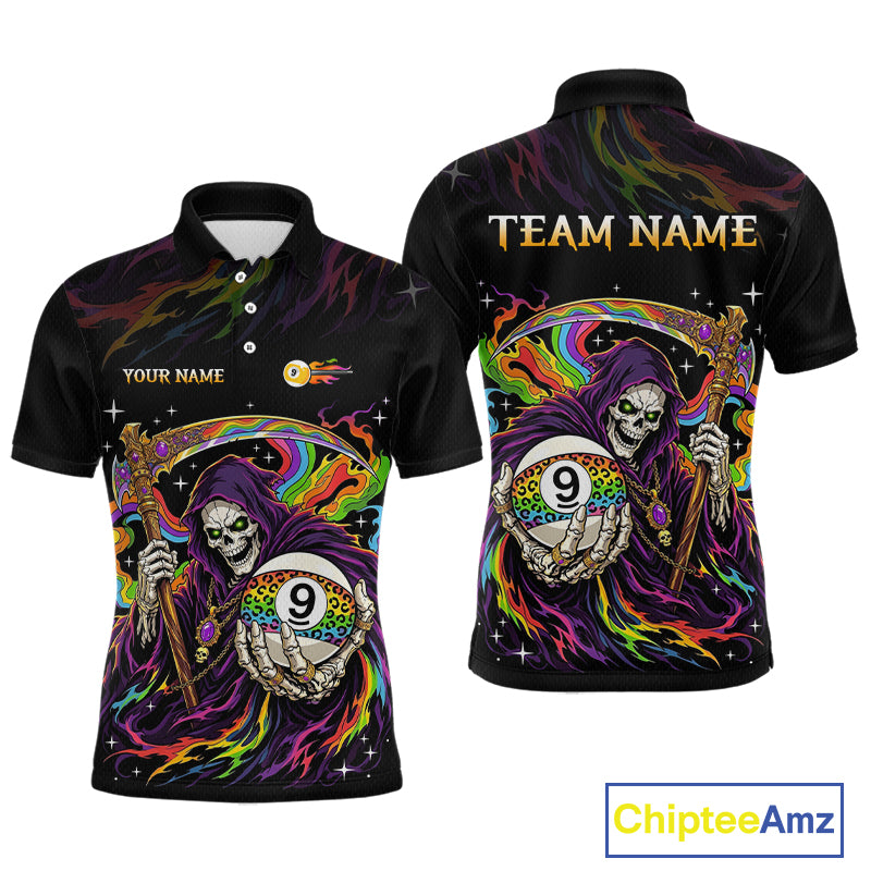 Custom Flame Rainbow Grim Reaper 9 Ball Billiard Shirts for Men Billiard Team Jerseys NNT310