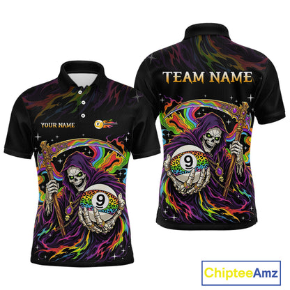 Custom Flame Rainbow Grim Reaper 9 Ball Billiard Shirts for Men Billiard Team Jerseys NNT310