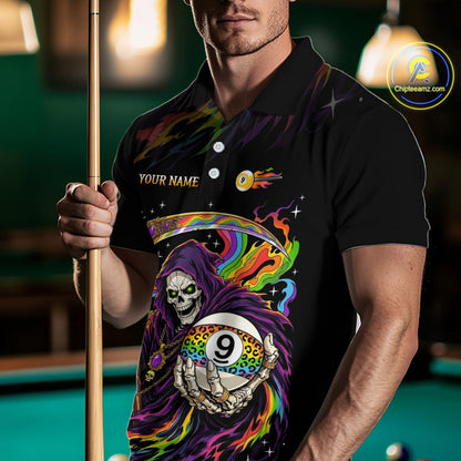 Custom Flame Rainbow Grim Reaper 9 Ball Billiard Shirts for Men Billiard Team Jerseys NNT310