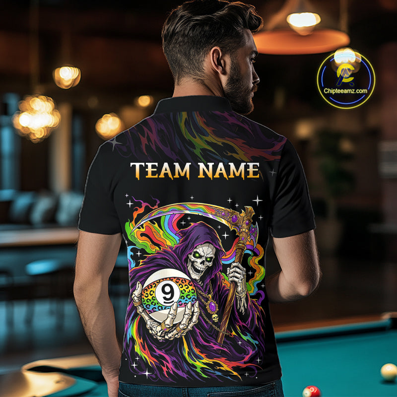 Custom Flame Rainbow Grim Reaper 9 Ball Billiard Shirts for Men Billiard Team Jerseys NNT310