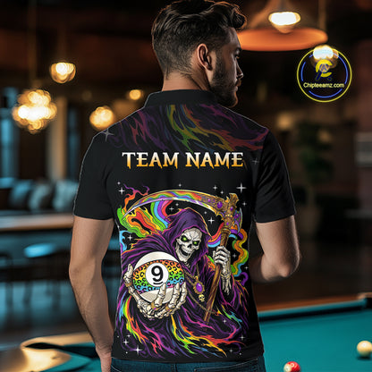 Custom Flame Rainbow Grim Reaper 9 Ball Billiard Shirts for Men Billiard Team Jerseys NNT310