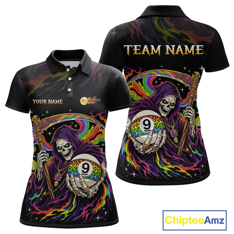 Custom Flame Rainbow Grim Reaper 9 Ball Billiard Shirts for Women Billiard Team Jerseys NNT310