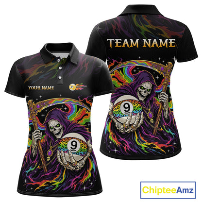 Custom Flame Rainbow Grim Reaper 9 Ball Billiard Shirts for Women Billiard Team Jerseys NNT310