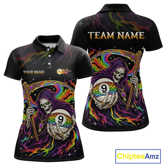 Custom Flame Rainbow Grim Reaper 9 Ball Billiard Shirts for Women Billiard Team Jerseys NNT310