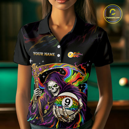Custom Flame Rainbow Grim Reaper 9 Ball Billiard Shirts for Women Billiard Team Jerseys NNT310