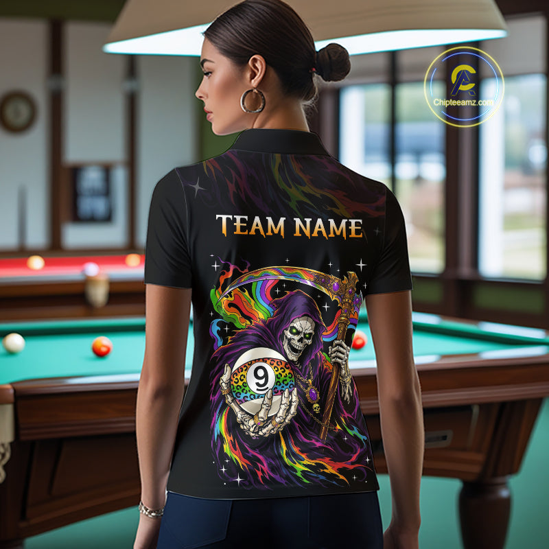 Custom Flame Rainbow Grim Reaper 9 Ball Billiard Shirts for Women Billiard Team Jerseys NNT310