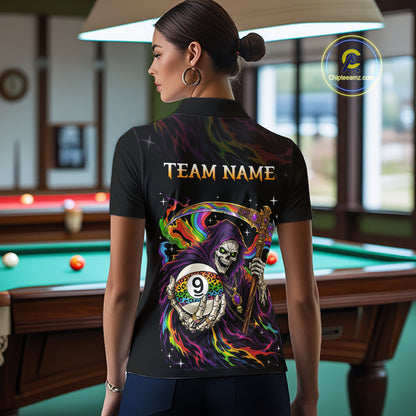 Custom Flame Rainbow Grim Reaper 9 Ball Billiard Shirts for Women Billiard Team Jerseys NNT310