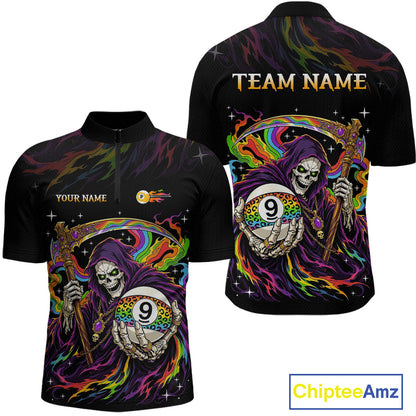 Custom Flame Rainbow Grim Reaper 9 Ball Billiard Shirts for Men Billiard Team Jerseys NNT310