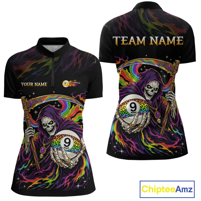 Custom Flame Rainbow Grim Reaper 9 Ball Billiard Shirts for Women Billiard Team Jerseys NNT310