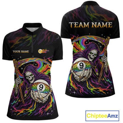Custom Flame Rainbow Grim Reaper 9 Ball Billiard Shirts for Women Billiard Team Jerseys NNT310