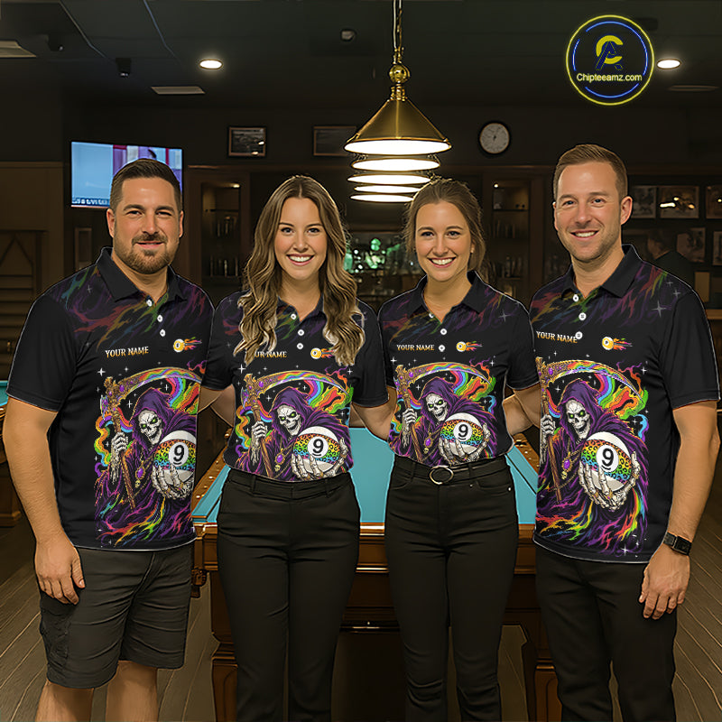 Custom Flame Rainbow Grim Reaper 9 Ball Billiard Shirts for Women Billiard Team Jerseys NNT310