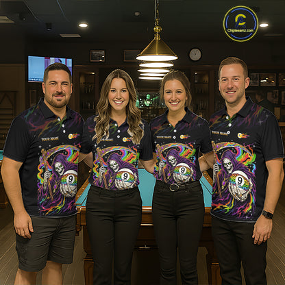 Custom Flame Rainbow Grim Reaper 9 Ball Billiard Shirts for Women Billiard Team Jerseys NNT310