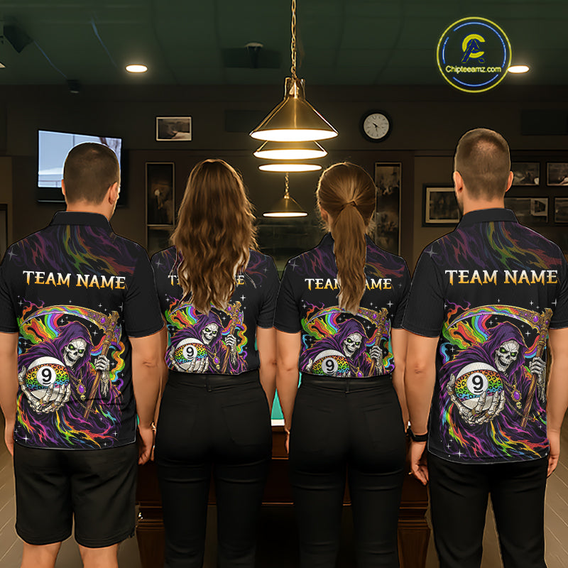 Custom Flame Rainbow Grim Reaper 9 Ball Billiard Shirts for Women Billiard Team Jerseys NNT310