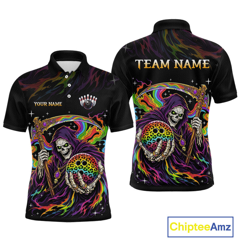 Custom Grim Reaper Rainbow Skull Bowling Team Shirts Bowling Jerseys for Men Polo & 1/4 Zip HNT560