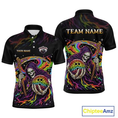 Custom Grim Reaper Rainbow Skull Bowling Team Shirts Bowling Jerseys for Men Polo & 1/4 Zip HNT560