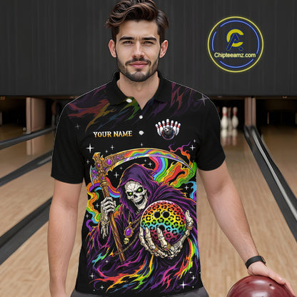 Custom Grim Reaper Rainbow Skull Bowling Team Shirts Bowling Jerseys for Men Polo & 1/4 Zip HNT560