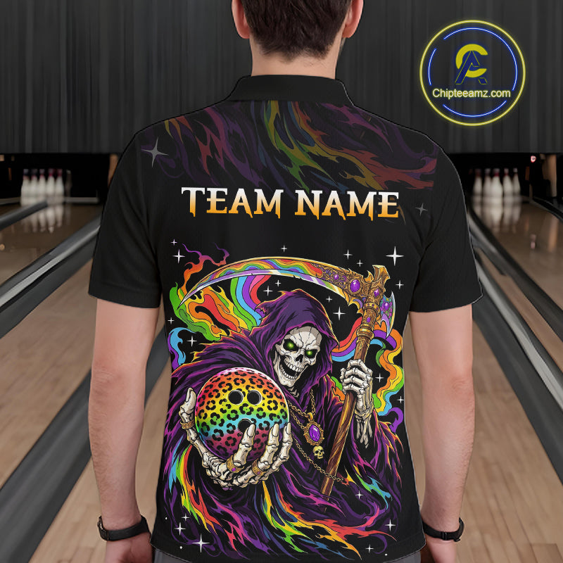 Custom Grim Reaper Rainbow Skull Bowling Team Shirts Bowling Jerseys for Men Polo & 1/4 Zip HNT560