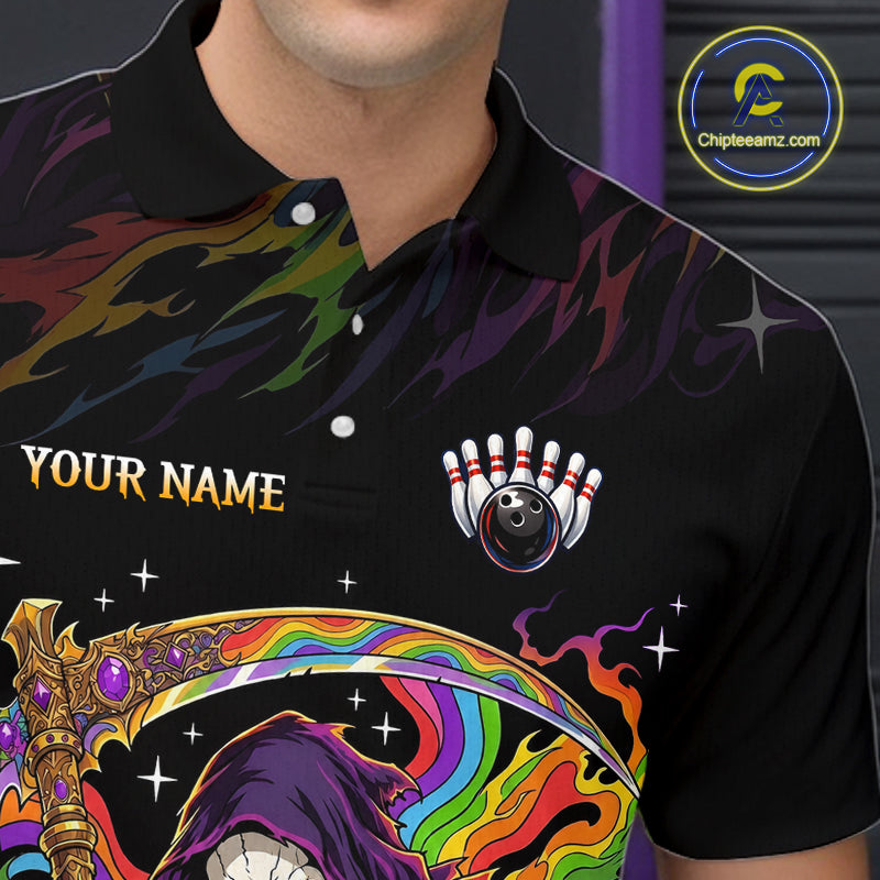 Custom Grim Reaper Rainbow Skull Bowling Team Shirts Bowling Jerseys for Men Polo & 1/4 Zip HNT560