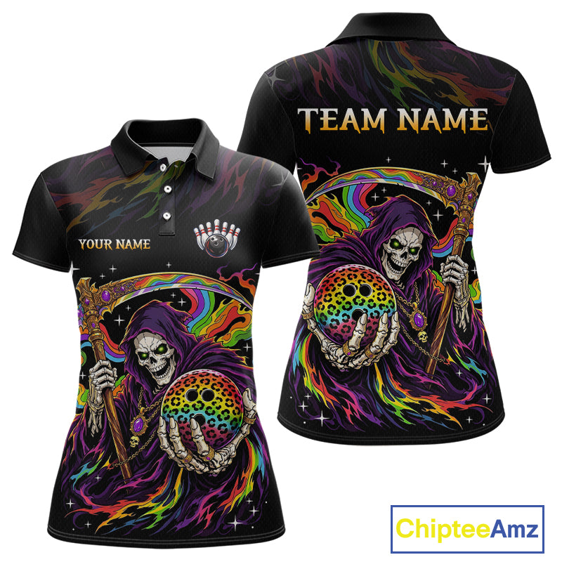 Custom Grim Reaper Rainbow Skull Bowling Team Shirts Bowling Jerseys for Women Polo & 1/4 Zip HNT560