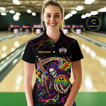 Custom Grim Reaper Rainbow Skull Bowling Team Shirts Bowling Jerseys for Women Polo & 1/4 Zip HNT560