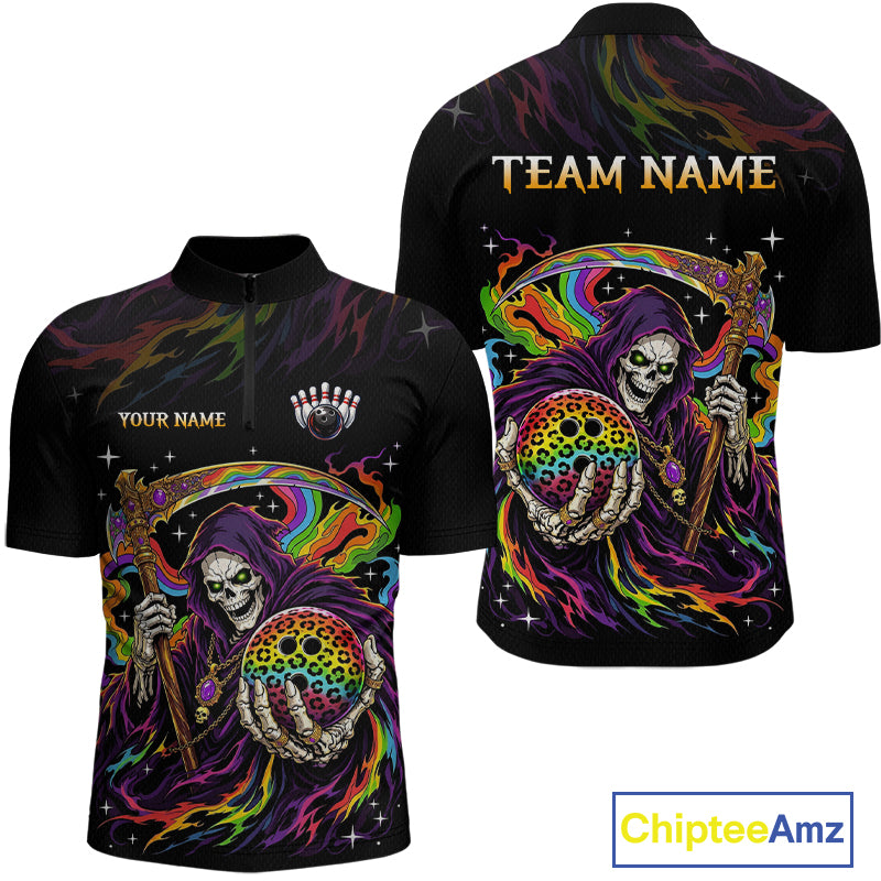 Custom Grim Reaper Rainbow Skull Bowling Team Shirts Bowling Jerseys for Men Polo & 1/4 Zip HNT560