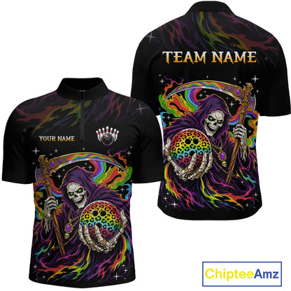Custom Grim Reaper Rainbow Skull Bowling Team Shirts Bowling Jerseys for Men Polo & 1/4 Zip HNT560
