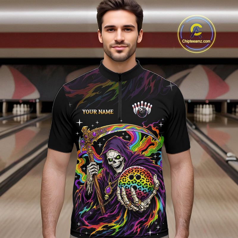 Custom Grim Reaper Rainbow Skull Bowling Team Shirts Bowling Jerseys for Men Polo & 1/4 Zip HNT560