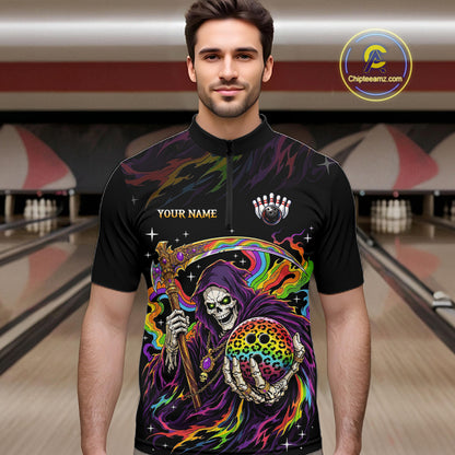 Custom Grim Reaper Rainbow Skull Bowling Team Shirts Bowling Jerseys for Men Polo & 1/4 Zip HNT560